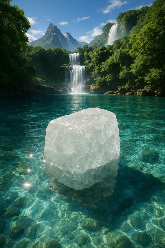 Gros plan photoréaliste d’une pierre d’alun translucide flottant dans un lagon tropical avec cascades et montagnes en arrière-plan.